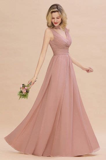 Bmbridal Elegant V Neck Dusty Rose Chiffon Bridesmaid Dress With Ruffle