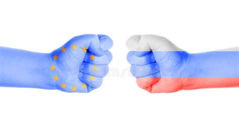 Eu Vs Russia Conflict Symbolized By Two Fists Painted With Flags Stock