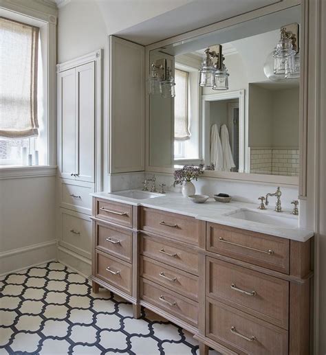 Find inspiration and ideas for your bathroom and bathroom the bathroom is associated with the weekday morning rush, but it doesn't have to be. Brushed Oak Dual Washstand with Gray Quatrefoil Tiles ...