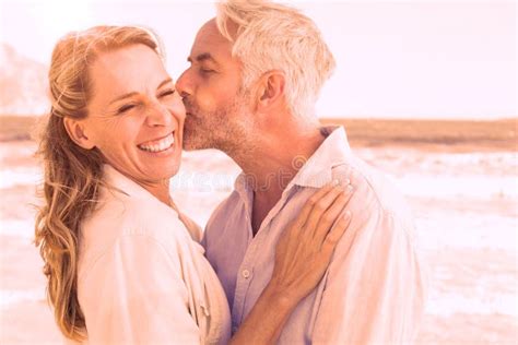 Man Kissing His Smiling Partner On The Cheek At The Beach Stock Illustration Illustration Of