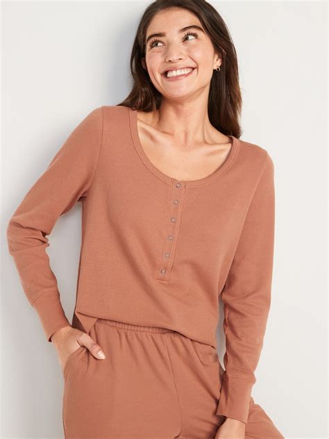 Long Sleeve Thermal Knit Henley Pajama T Shirt For Women Old Navy