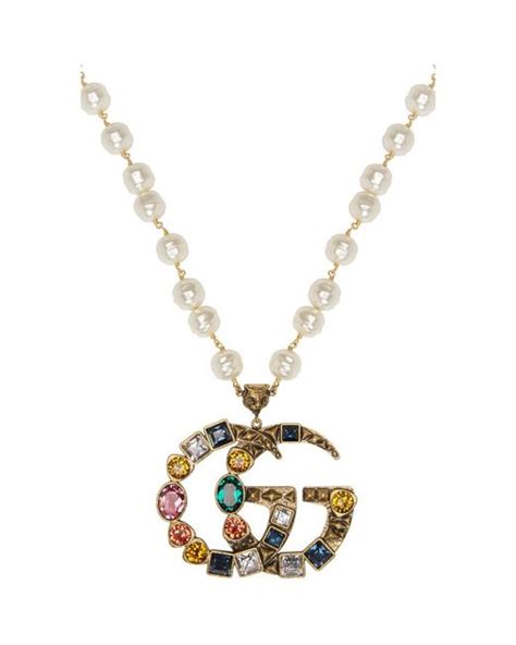 Gucci Gold Crystal And Pearl Pendant Necklace In Metallic Lyst