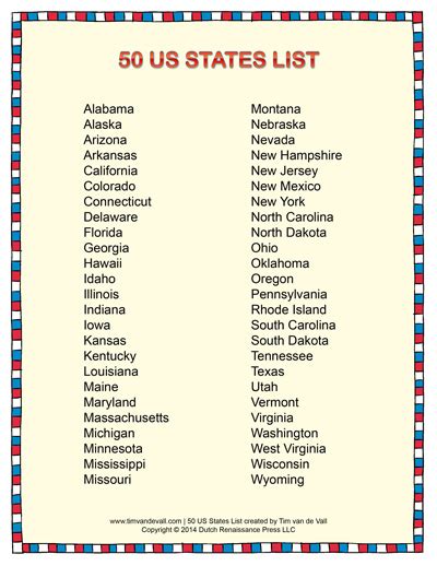 Printable List 50 States Alphabetical Order