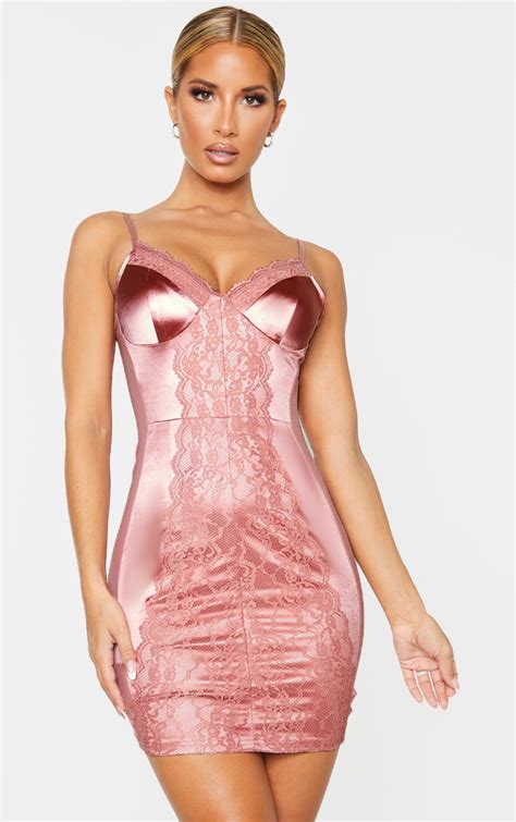 Pink Satin Lace Insert Strappy Bodycon Dress Prettylittlething