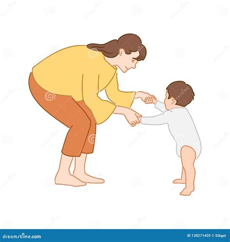 Mom Teaching Her Little Son To Walk Holding Hands First Baby Steps