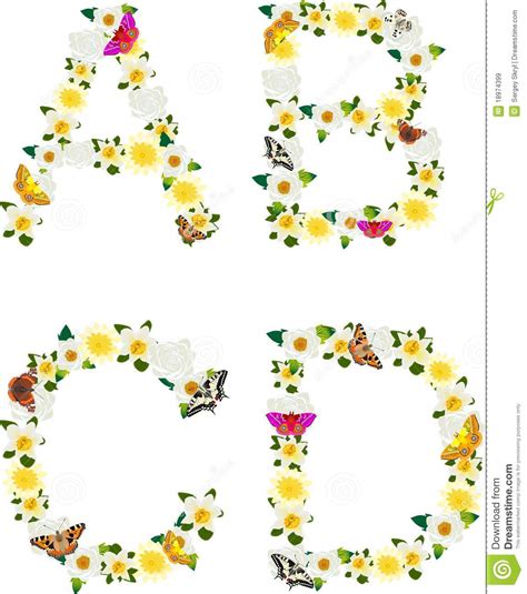 Alphabet Of Flowers And Butterflies A B C D Stock Vector