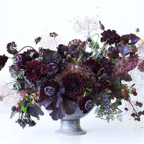 Black Floral Arrangement By Tulipina Blackberries Dahlias Scabiosa