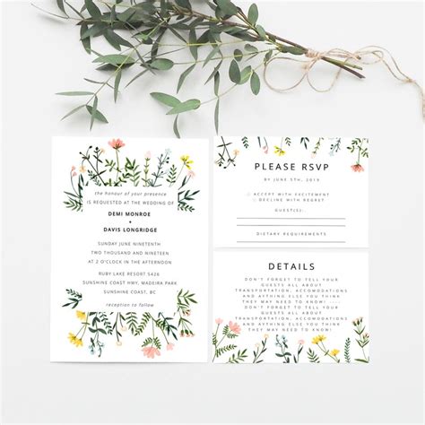 Wildflower Wedding Invitation Set Template Floral Watercolor Etsy