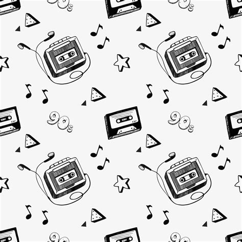 Cool 90s Vibe Music Pattern With Tapes Stars Vintage Player Retro