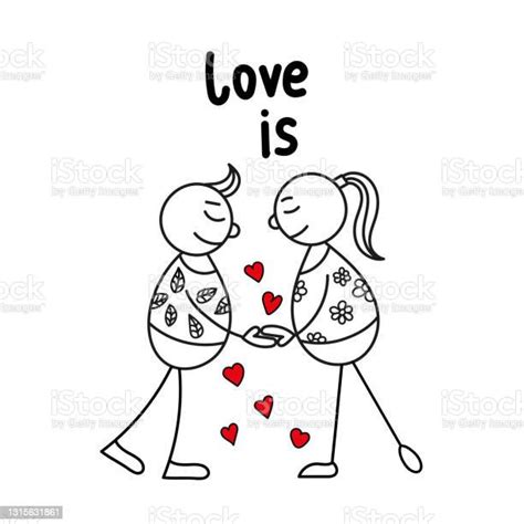 Hand Drawing Sketch Doodle Human Stick Figure Couple In Love With On A
