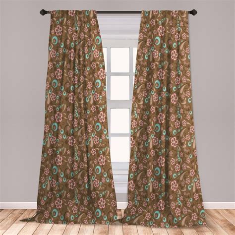 Brown And Blue Curtains 2 Panels Set Floral Pattern With Swirls