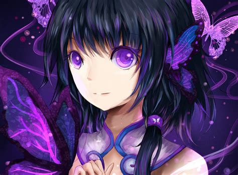 Purple Hair Anime Girl Temple Butterflies Hd Anime Gi