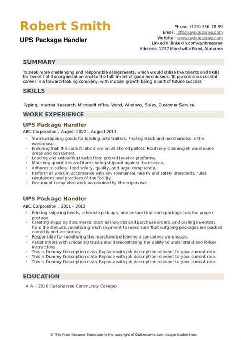 Ups Package Handler Job Description Resume