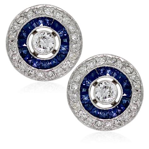 18k White Gold Art Deco Diamond And Sapphire Halo Stud Earrings