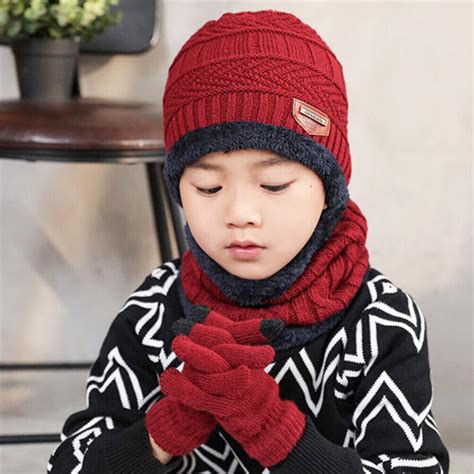 3pcs Kids Boys Winter Fleece Warm Hat Collar Scarf Gloves Set Ski
