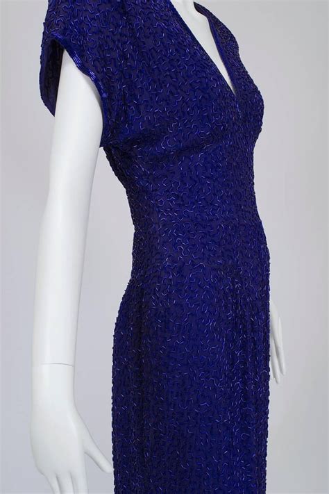 Violet Art Deco Beaded Hobble Gown With Pointed Waterfall Skirt Small