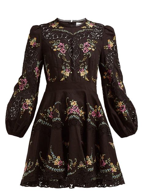 Zimmermann Allia Floral Cross Stitch Linen Blend Mini Dress In Black Lyst