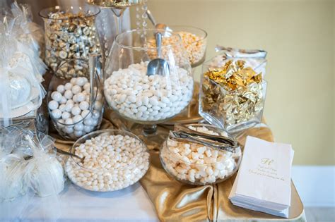 White And Gold Candy In Clear Glass Vases Wedding Candy Bar Buffet