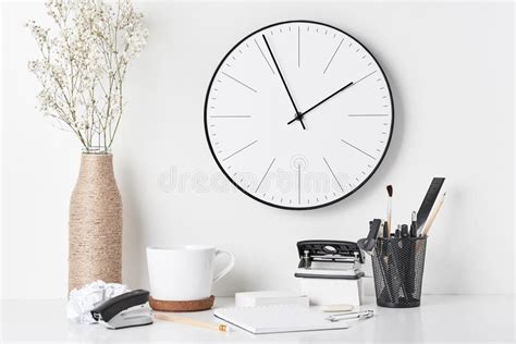 Office Supplies And Wall Clock On White Stock Photo Image Of Desktop