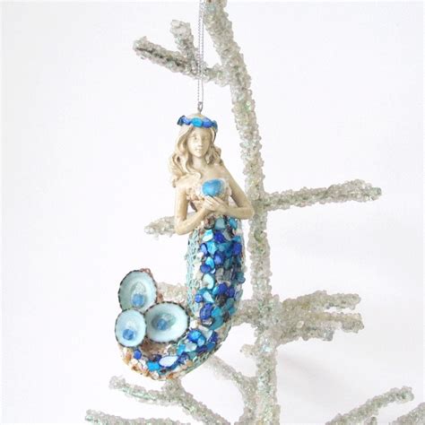 Mermaid Ornament Seashells Christmas Tree Coastal Decor Cobalt
