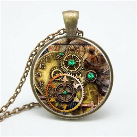 Steampunk Compass Watch Glass Cabochon Necklace Pendant Necklace Gears