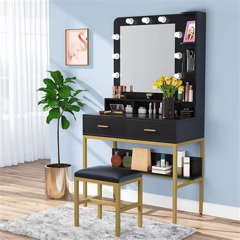 Vanity Set With Lighted Mirror And Stool Makeup Vanity Dressing Table With 9 Lights 2 Drawers