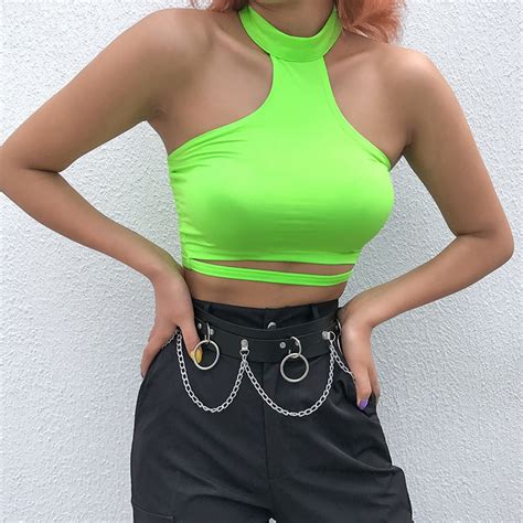 Lady Sleeveless Cropped Tee Camisole Women Summer Sexy Backless Tank Tops Neon Green Crop Top
