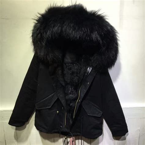 New Fashion Pure Black Large Raccoon Fur Hooded Jackets Women Real Fur