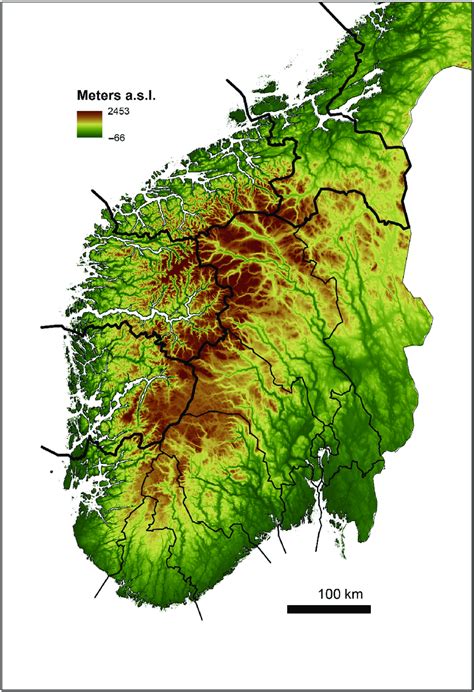 Map Of Southern And Central Norway Showing The Gradient Of Elevation