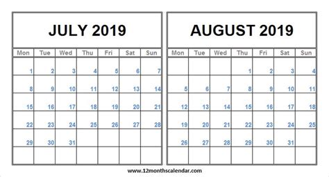July August 2019 Printable Calendar
