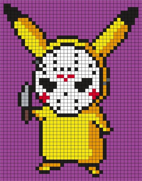 Pikachu In A Jason Voorhees Mask Square Grid Pattern Pixel Art