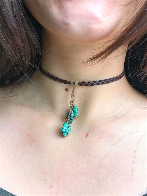 Turquoise Choker Brown Rope Choker Southwest Necklace Etsy
