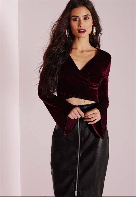 Missguided Velvet Wrap Front Crop Top Burgundy Fashion Outfits