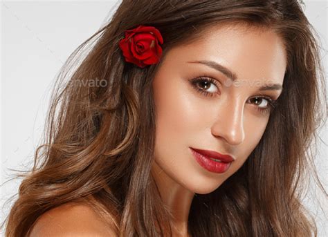 Beautiful Woman Skin Red Lips Beauty Female Face Smile Stock Photo By