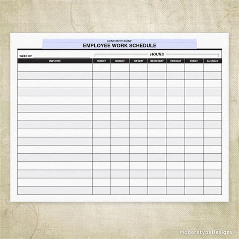 Employee Work Schedule Printable Form Personalized