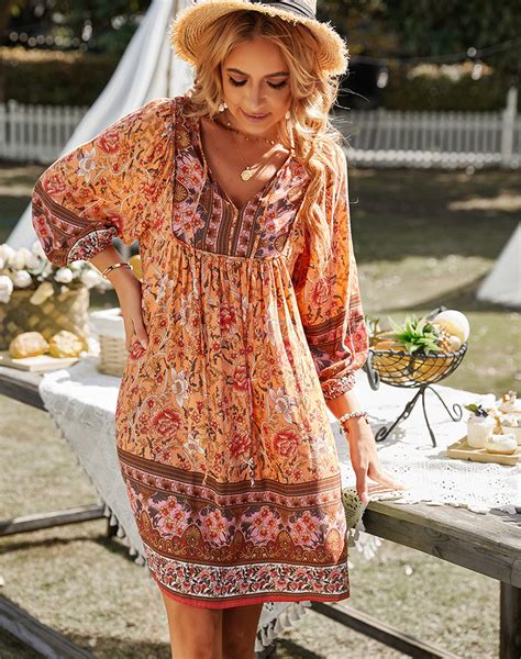 Us 2999 Womens Dress Bohemian Floral Print V Neck Long Sleeve Loose Mini Boho Dress