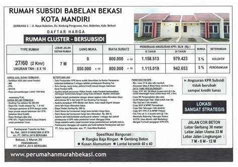 DAFTAR HARGA RUMAH SUBSIDI BABELAN BEKASI KOTA MANDIRI PERUMAHAN