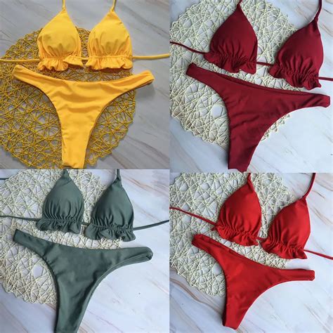 Lace Of Lotus Leaf Pleated Girls Bikini Set Brazilian Thong Femme My