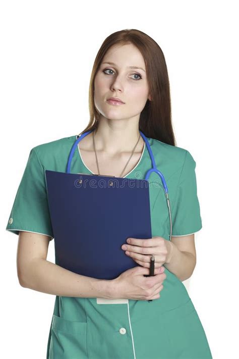 Portrait Of Pretty Nurse With Clipboard Stock Image Image Of Isolated Career 17971457