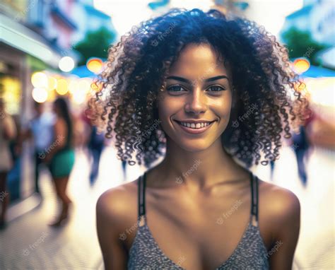 Premium Photo Mulatto Girl Smiling In A Shopping Street Generative Ai