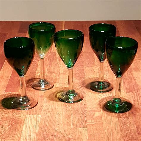 Set Of 5 Green Hand Blown Wine Glasses