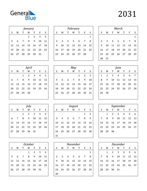 2031 Calendar Pdf Word Excel