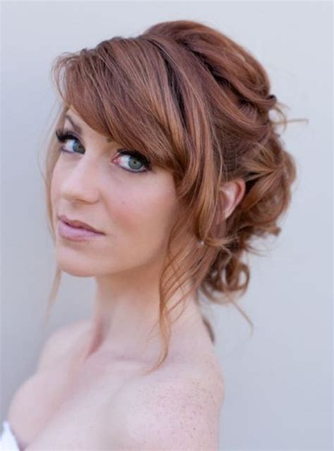 A fancy updo is great for curl your dry hair with a ¼ inch curling iron, vertically and away from your face. Picture Of Chic And Pretty Wedding Hairstyles With Bangs