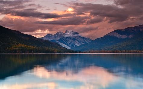Nature Landscape Lake Mountains Sunset Forest Clouds Snowy Peak