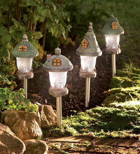 Fairy Garden Gnome Home Solar Path Lights Set Of 4 Plowhearth