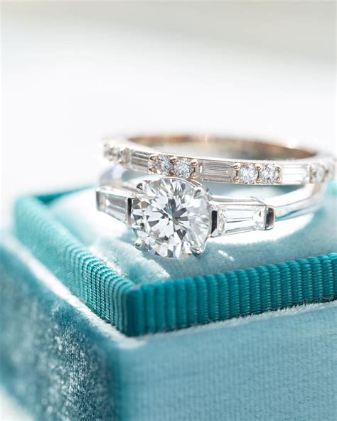Classy Engagement And Wedding Ring Combo Featuring Baguette Diamonds Pinned By Three