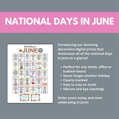 June National Day Calendar Printable At A Glance Holiday Etsy