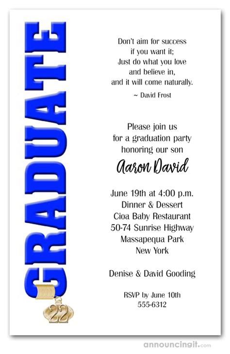 Blue Graduate And Tassel Charm Graduation Party Invitations