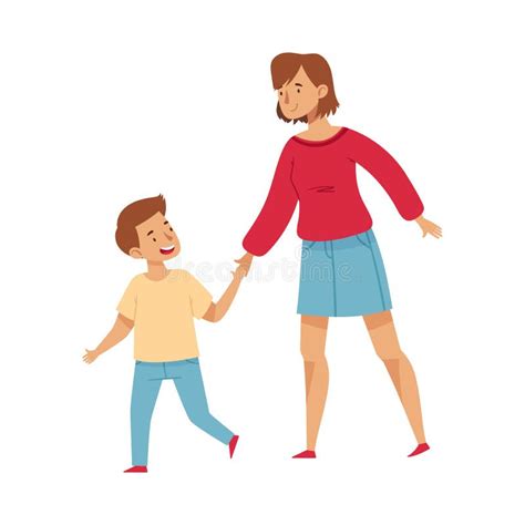 Female Mom Walking With Her Little Son Standing Vector Illustration