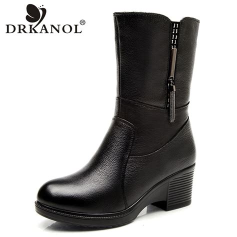 Drkanol Genuine Leather Wedge High Heel Women Snow Boots Mid Calf
